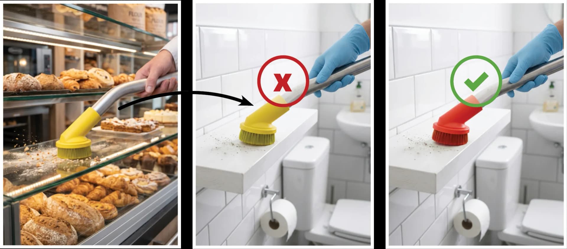 Colour-coded cleaning example showing correct and incorrect use